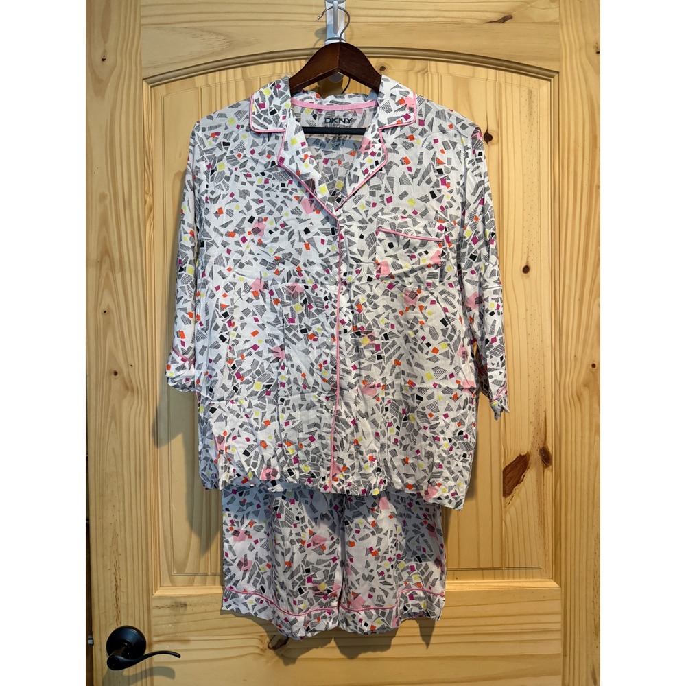 DKNY Womens Geometric Confetti Print Pajama Set Pink White Rayon Size M